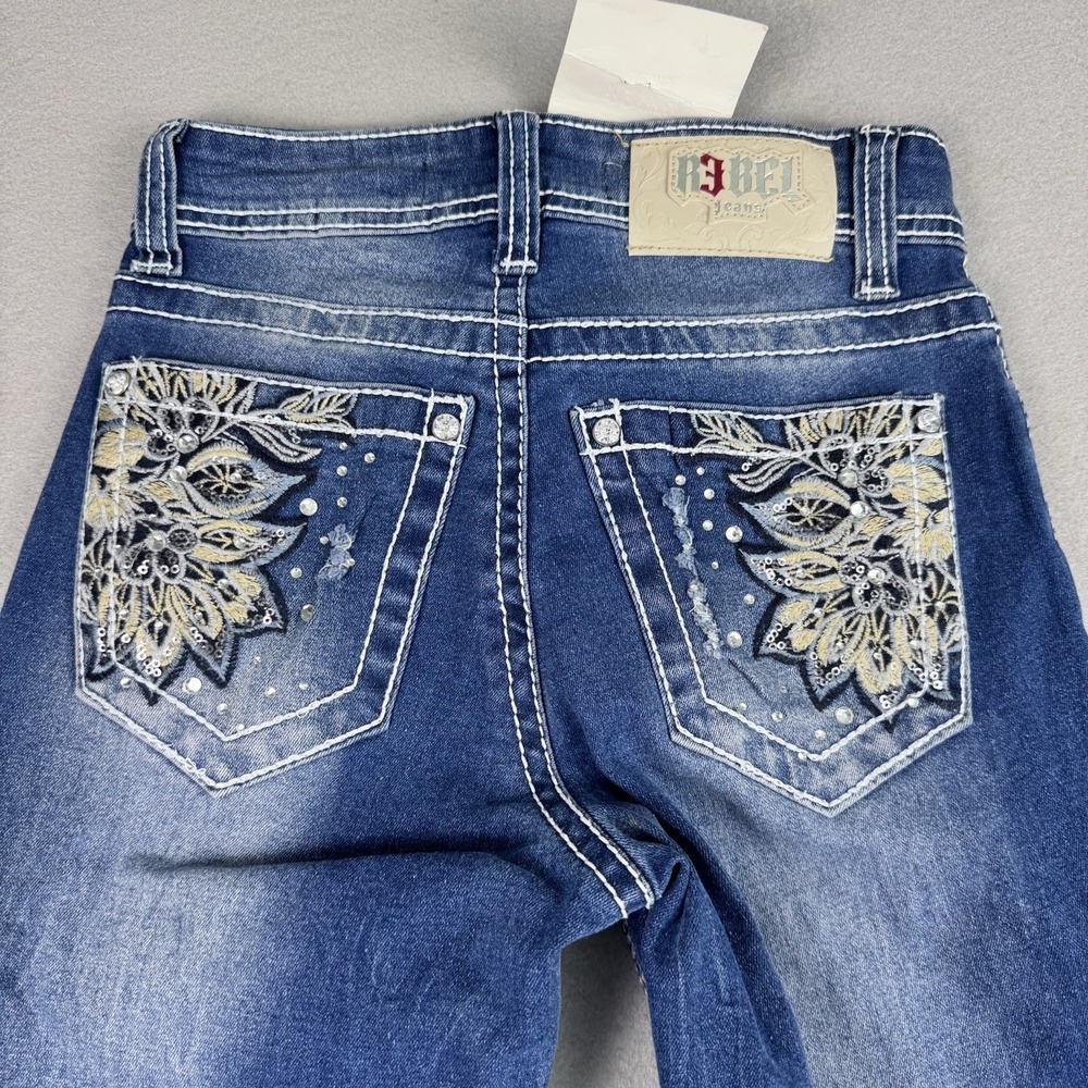 NWT Rebel Stretchy Bootcut Jeans Women 1 (23x30) Y2K Blue Denim Rhinestone